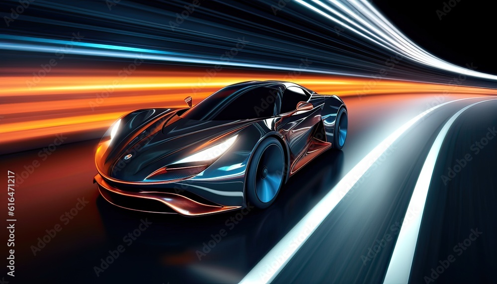Generative AI illustration of a modern sports car racing through a dark curve Generative AI illustration of a modern sports car racing through a dark curve