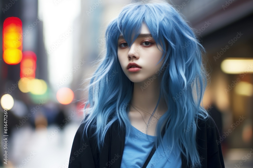 Street portrait of a fictional Japanese teenager girl with dyed blue hair. Generative AI illustration. Street portrait of a fictional Japanese teenager girl with dyed blue hair. Generative AI illustration.