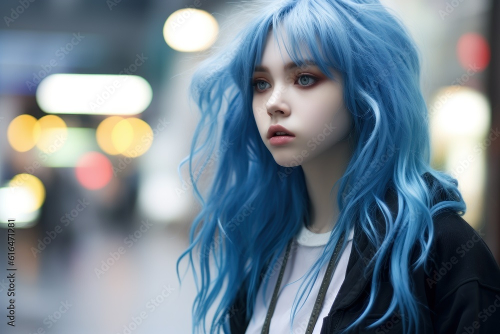 Street portrait of a fictional Japanese teenager girl with dyed blue hair. Generative AI illustration.