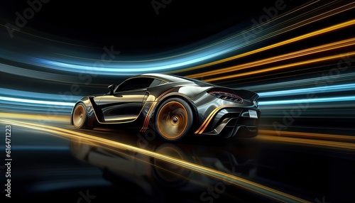 Generative AI illustration of a modern sports car racing through a dark curve © CravenA
