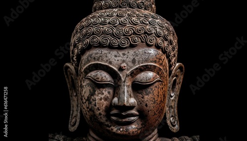 Generative AI illustration of rock and wooden buddha statue on black background