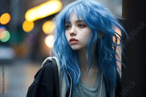 Street portrait of a fictional Japanese teenager girl with dyed blue hair. Generative AI illustration.