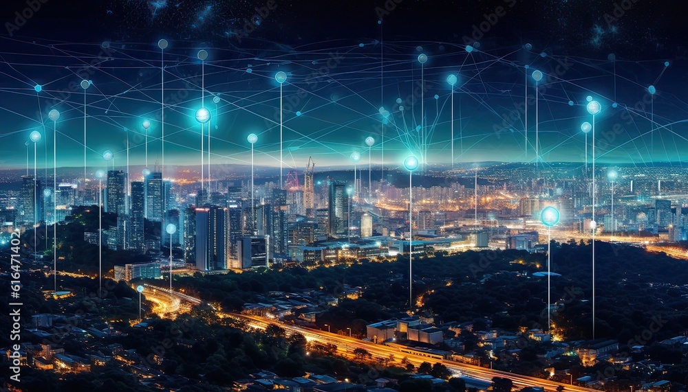 Generative AI illustration of high-speed internet connection visualized.Telecommunication network above city, wireless mobile internet technology for smart grid or 5G LTE data connection