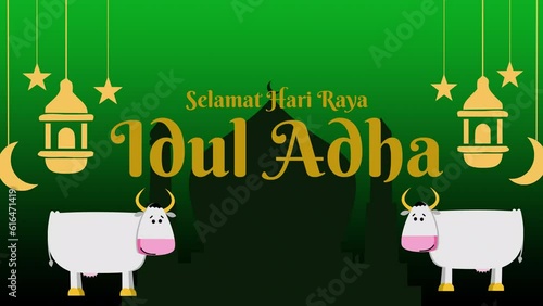 Selamat Hari Raya Idul Adha Meaning : Happy Eid Mubarak. Happy Eid Al Adha Animation Text with cow, background mocque. Suitables for Happy Eid Greeting Card or Islamic Celebrations. photo