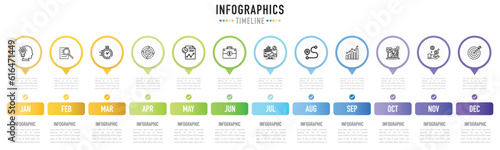 Pin timeline infographic template or element with 12 step, process, option, colorful circle, button, tag, label, minimal style for sale slide, flowchart, planner, schedule, workflow, annual report web