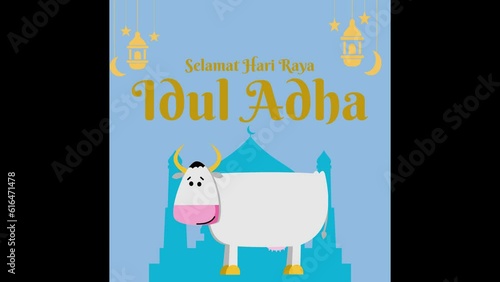 Selamat Hari Raya Idul Adha Meaning : Happy Eid Mubarak. Happy Eid Al Adha Animation Text with cow, background mocque. Suitables for Happy Eid Greeting Card or Islamic Celebrations. photo