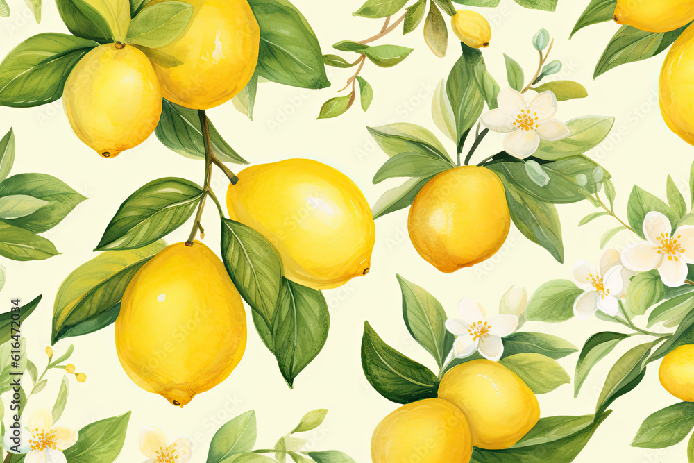 Watercolor Illustration of Lemons with Floral. Generative AI.