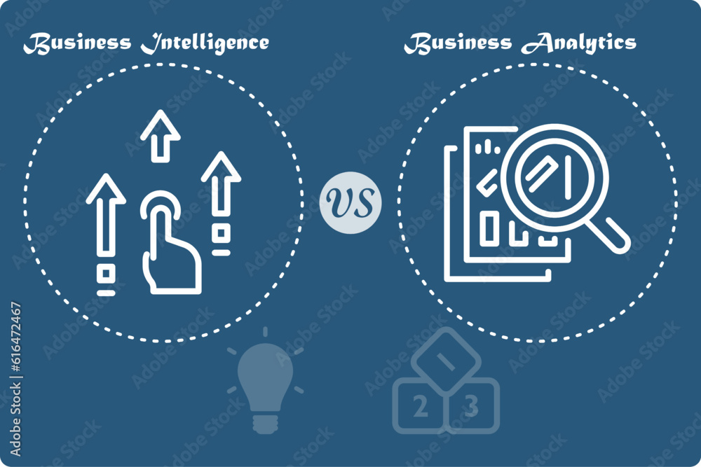 Vector Illustration of difference between Business Intelligence and Business Analytics. Editable icon Vector Illustration of difference between Business Intelligence and Business Analytics. Editable icon