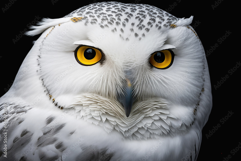 Obraz premium White owl head close up view on black background. Created with generative AI technology