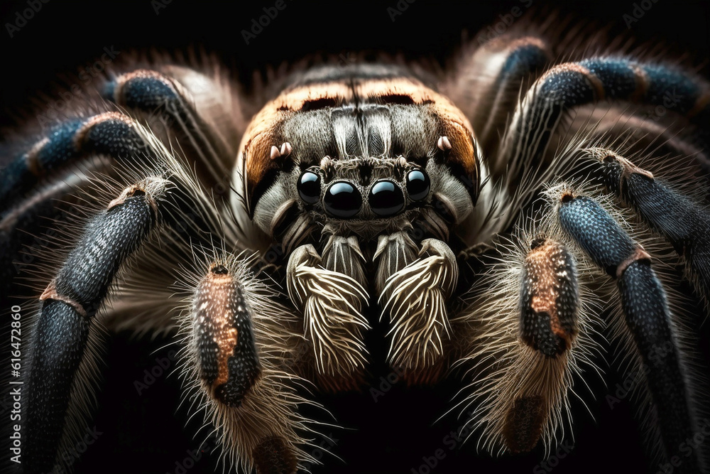 tarantula spider head close up on black background, created with generative AI technology tarantula spider head close up on black background, created with generative AI technology