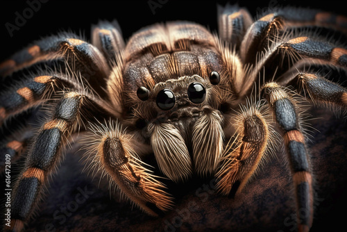 tarantula spider head close up on black background, created with generative AI technology