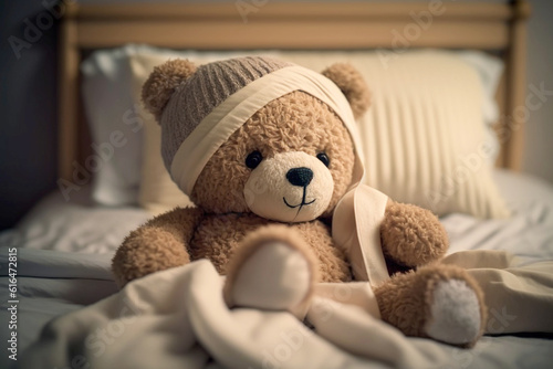 Teddy bear feeling sick and laying in bed. Generative AI