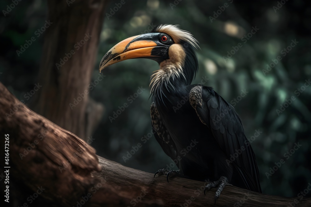 Obraz premium Photo a Hornbill Bird on Woodenbranch. Created with Generative AI Technology