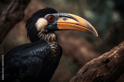 Photo a Hornbill Bird on Woodenbranch. Created with Generative AI Technology