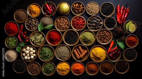 A collection of colorful and exotic spices neatly arranged in small bowls