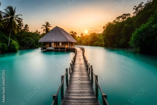 tropical resort at sunset