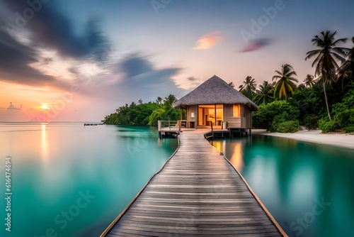 Maldives with small cottages on river