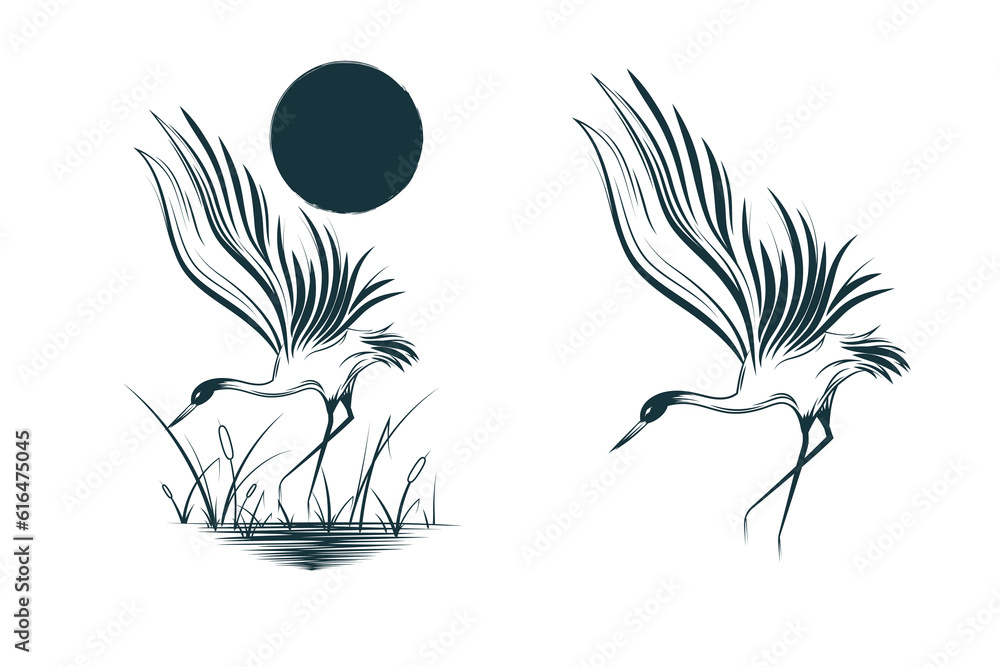 Crane in the reeds under the sun. Japanese hand drawn vector illustration isolated on white for greeting cards, tattoos and posters.