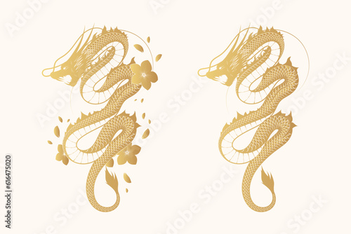 Golden mythology dragon with flowers and brushstroke. Japanese hand drawn vector illustration isolated on white background  for greeting card and poster.