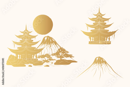 Japanese temple, bonsai tree, sun and mountains. Golden hand drawn vector illustration isolated on white background for t-shirt, print, tattoo and stickers