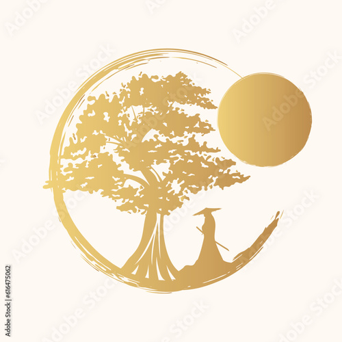 Samurai standing with a sword under a tree at sunset. Golden japanese vector illustration isolated on white for shirts, brochures, posters and bags.