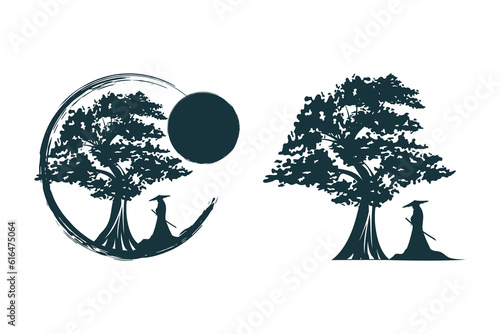 Samurai standing with a sword under a tree at sunset. Japanese vector illustration isolated on white for shirts, tattoo, brochures, posters and bags.