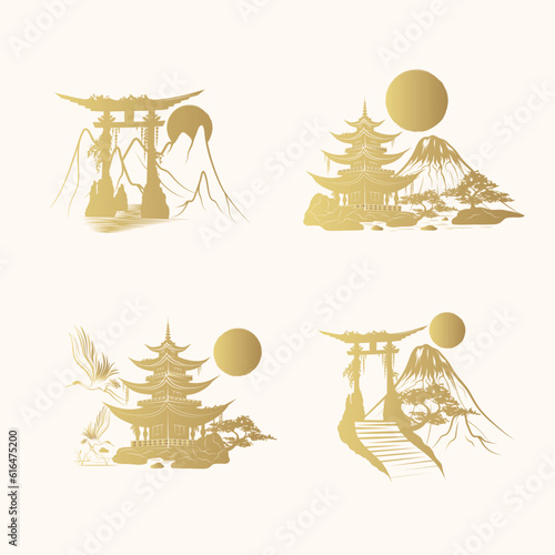 Torii gate and japanese temple under the sun. Set of four golden vector illustrations isolated on white background