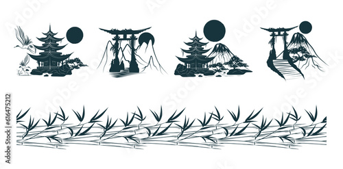 Torii gate, japanese temple and bamboo branches. Set of five vector illustrations isolated on white background.
