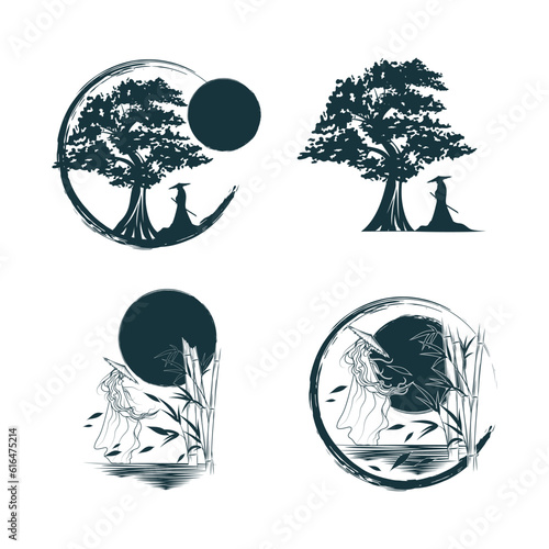 Samurai standing with a sword under a tree at sunset. Set of four japanese vector illustrations isolated on white can be usable for shirts, tattoos, brochures, posters and bags.