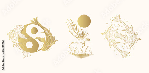 Golden crane in the reeds under the sun and celestial koi fish,  symbol of harmony and balance . Three japanese hand drawn vector illustrations isolated on white for greeting cards and posters.