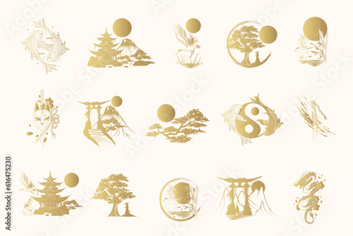 Golden japanese art collection. Set of 15 design elements for t-shirt, print and stickers. Hand drawn vector illustrations isolated on white background