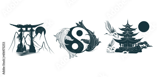 Torii gate, temple and Yin Yang koi fish. Japanese art for t-shirts, tattoos, prints and stickers. Three hand drawn vector illustrations isolated on white background.