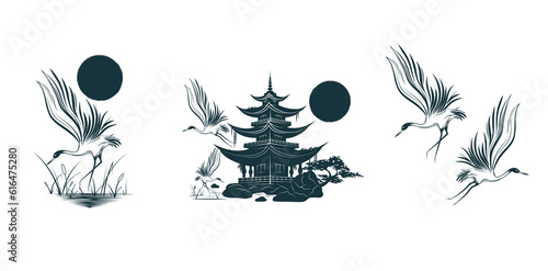Temple, crane and bonsai tree under the sun. Three japanese arts for t-shirt, tattoo, print and stickers. Hand drawn vector illustration isolated on white background.