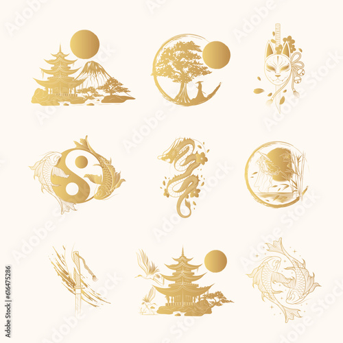 Golden japanese art collection. Set of 9 design elements for t-shirt, print and stickers. Hand drawn vector illustrations isolated on white background.