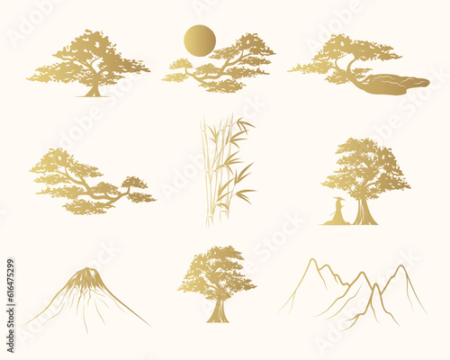 Golden bonsai, bamboo trees, mountains and the sun. Japanese art collection, set of 9 design elements for t-shirt, print and stickers. Hand drawn vector illustrations isolated on white background.