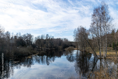 spring landscape with trees, beautiful sky, overflowing river