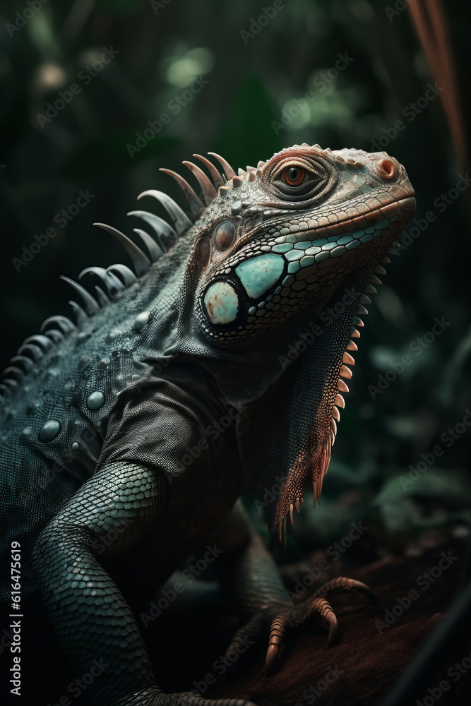 Fototapeta premium Portrait of Iguana Dramatic and Cinematic Lighting Photography, Generative AI