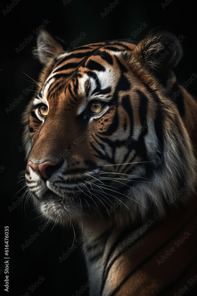Fototapeta premium Portrait of Sumatran Tiger Dramatic and Cinematic Lighting Photography, Generative AI