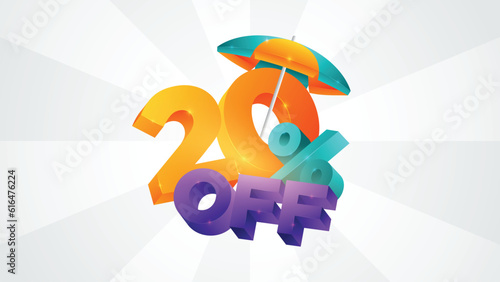Summer discount, Summer sale, 20 off summer discount, 3d 20 off sale illustration, Summer colors, beach elements, holidays, tropical colors, Warm