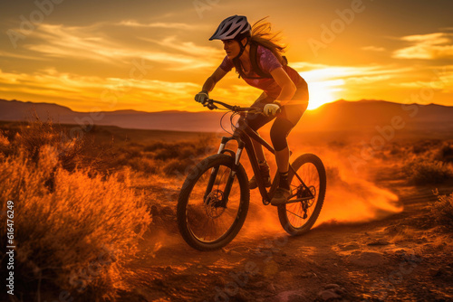 Captivating sunset ride with a fearless female mountain biker. Generative AI © Andrii 