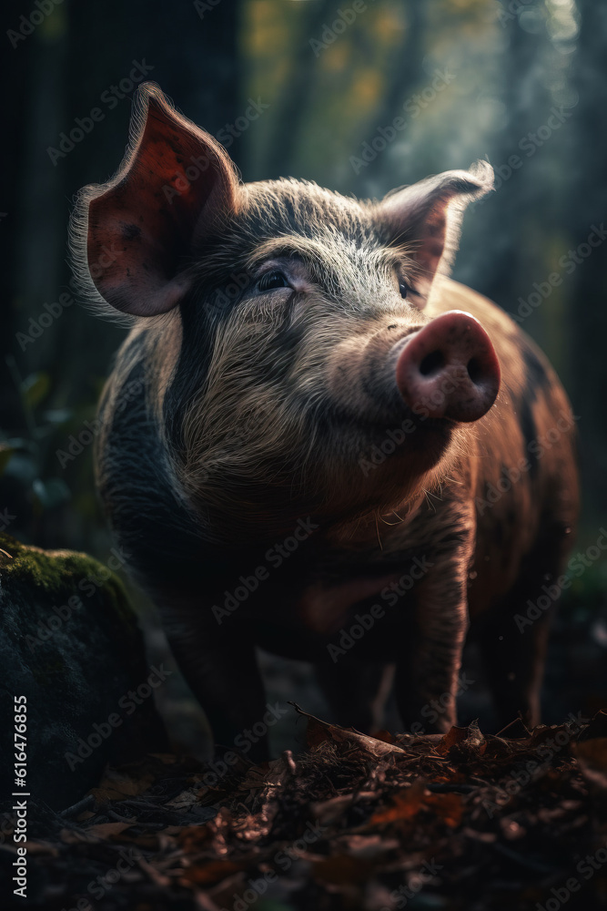 Portrait of Pig Dramatic and Cinematic Lighting Photography, Generative AI