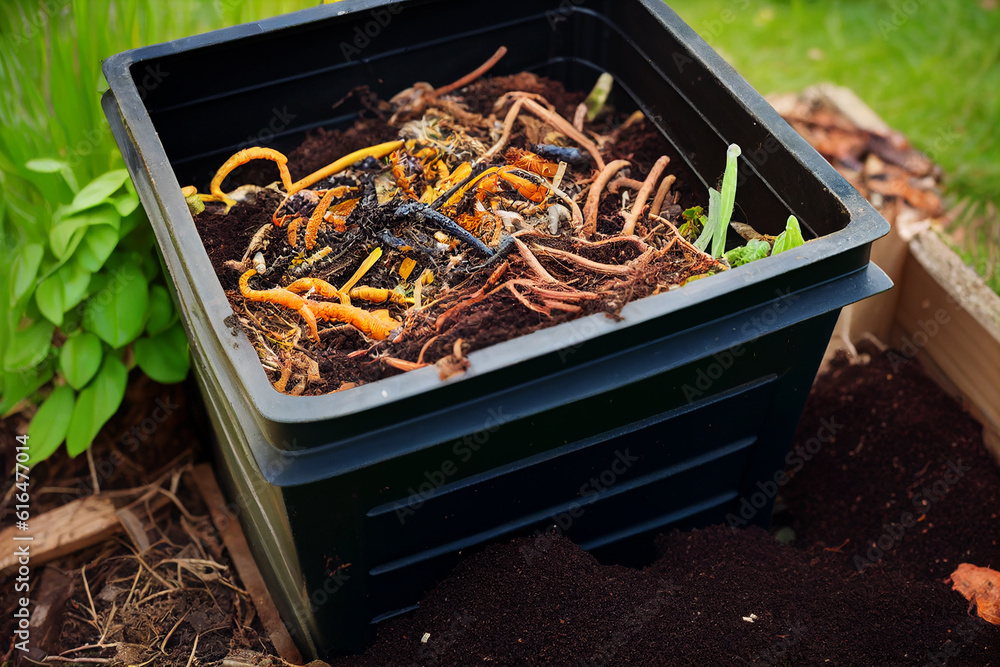 Open compost bin with peelings and earthworms in a garden. generative