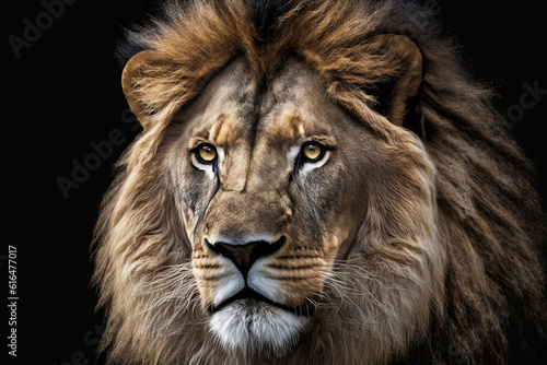 lion head close-up on black background. Generative AI © VSzili