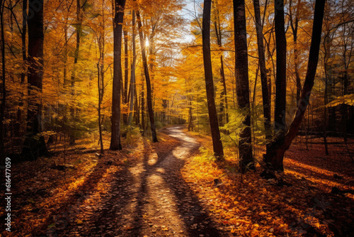 Golden Pathway amidst Vibrant Autumn Leaves. Generative AI