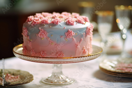 Spectacularly Adorned Cake in Shades of Baby Blue and Pink. Generative AI