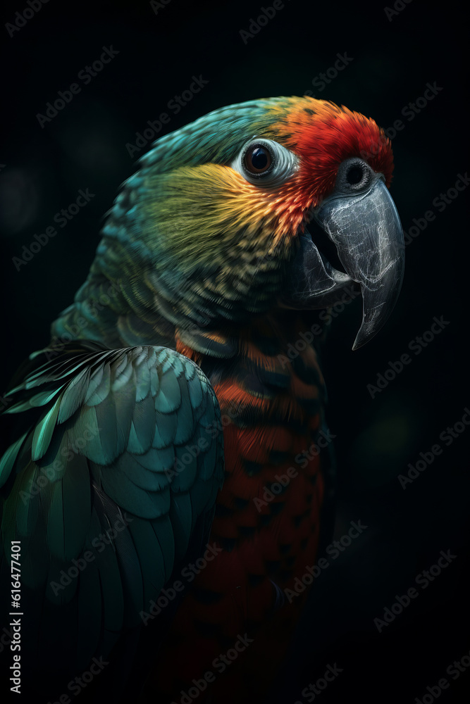 Portrait of Parrot Dramatic and Cinematic Lighting Photography, Generative AI