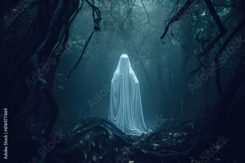 Spooky Ghost Standing Tall in the Foggy Forest. Generative AI