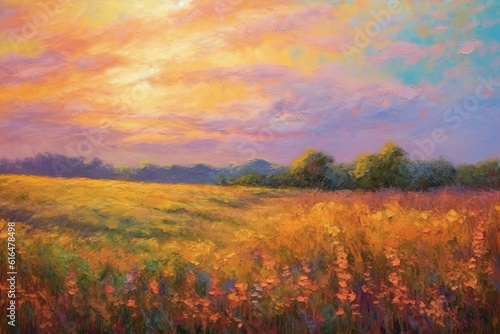 Oil painting on canvas impressionist style of field landscape with very soft pastel colors. AI generative
