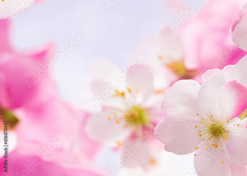 Cherry blossom background  Blurred pastel pink tone   there is an area for text in the corners of the picture. Generative AI.