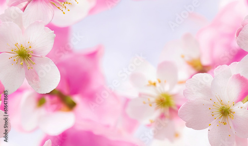 Cherry blossom background, Blurred pastel pink tone,  there is an area for text in the corners of the picture. Generative AI. © toodlingstudio